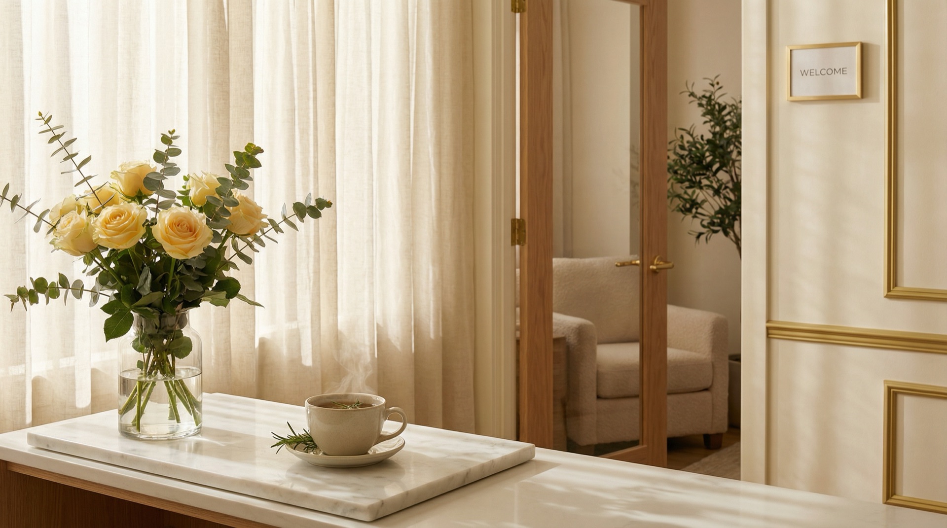 Warm and welcoming reception with flowers and tea