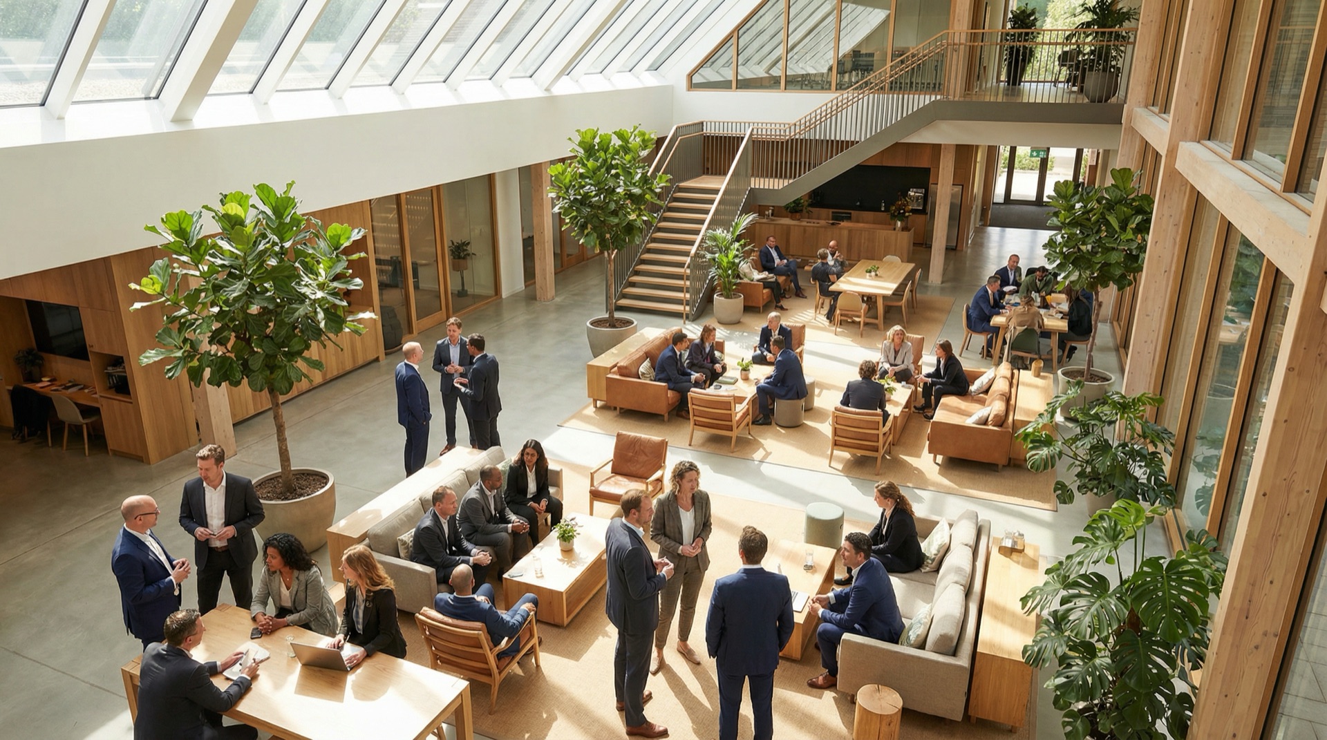 Professionals networking in a modern community centre