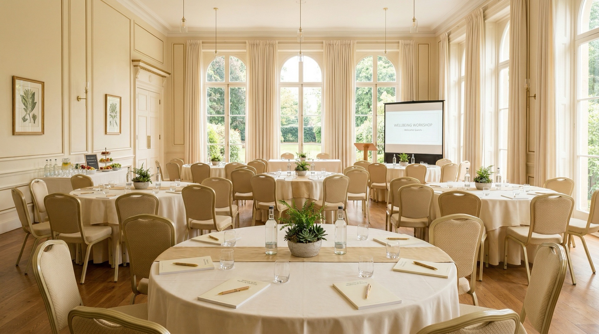 Elegant function room prepared for a wellbeing workshop